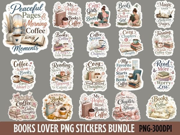 Books & Coffee Lover Png Stickers Bundle
