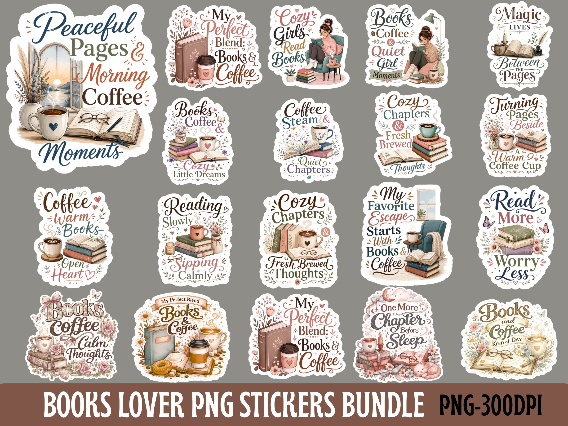 Books & Coffee Lover Png Stickers Bundle