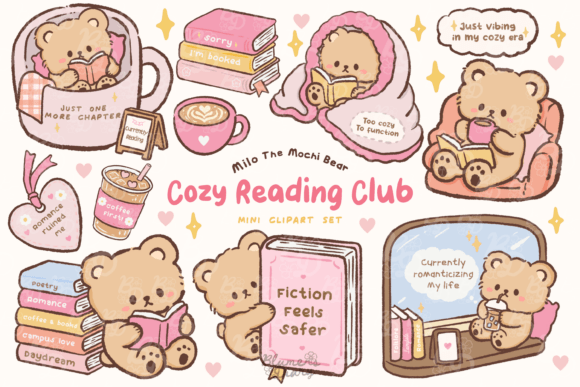 Kawaii Cozy Reading Club Bear Clipart Graphic Illustrations By blumensdiary