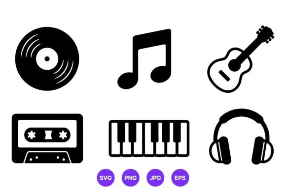 Music Icons Black Record Guitar Keyboard