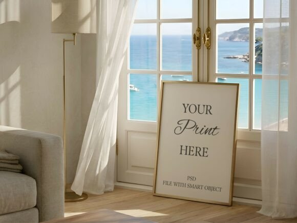 Sea View Window Gold Frame Mockup