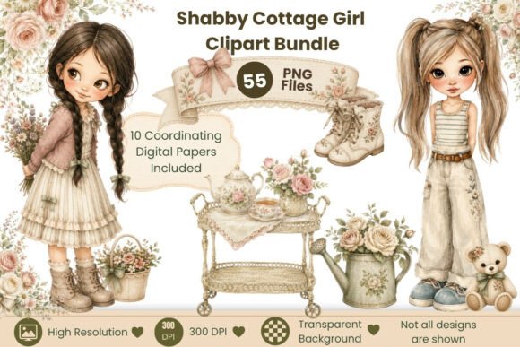 Shabby Cottage Girl Clipart Bundle Grafik Druckbare Illustrationen Von TangledUpWithInk