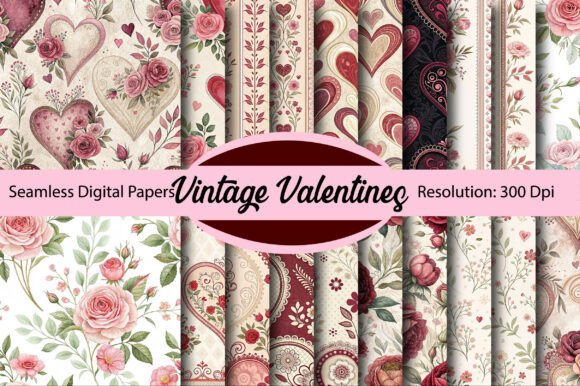 Vintage Valentines Digital Paper Grafika Papierowe Wzory Przez Colourful