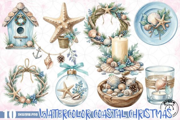 Watercolor Coastal Christmas PNG Grafica Illustrazioni Stampabili Di mfreem