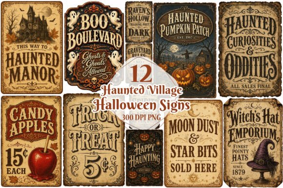 Haunted Village Halloween Signs