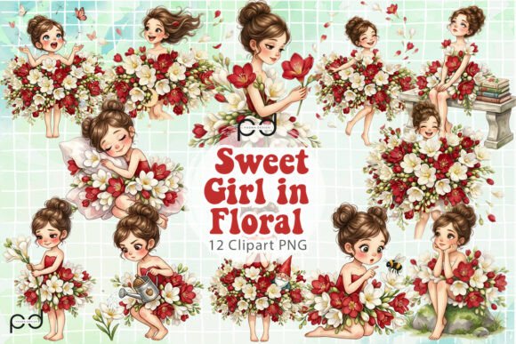 Sweet Girl in Floral Graphics Afbeelding Afdrukbare Illustraties Door Padma.Design