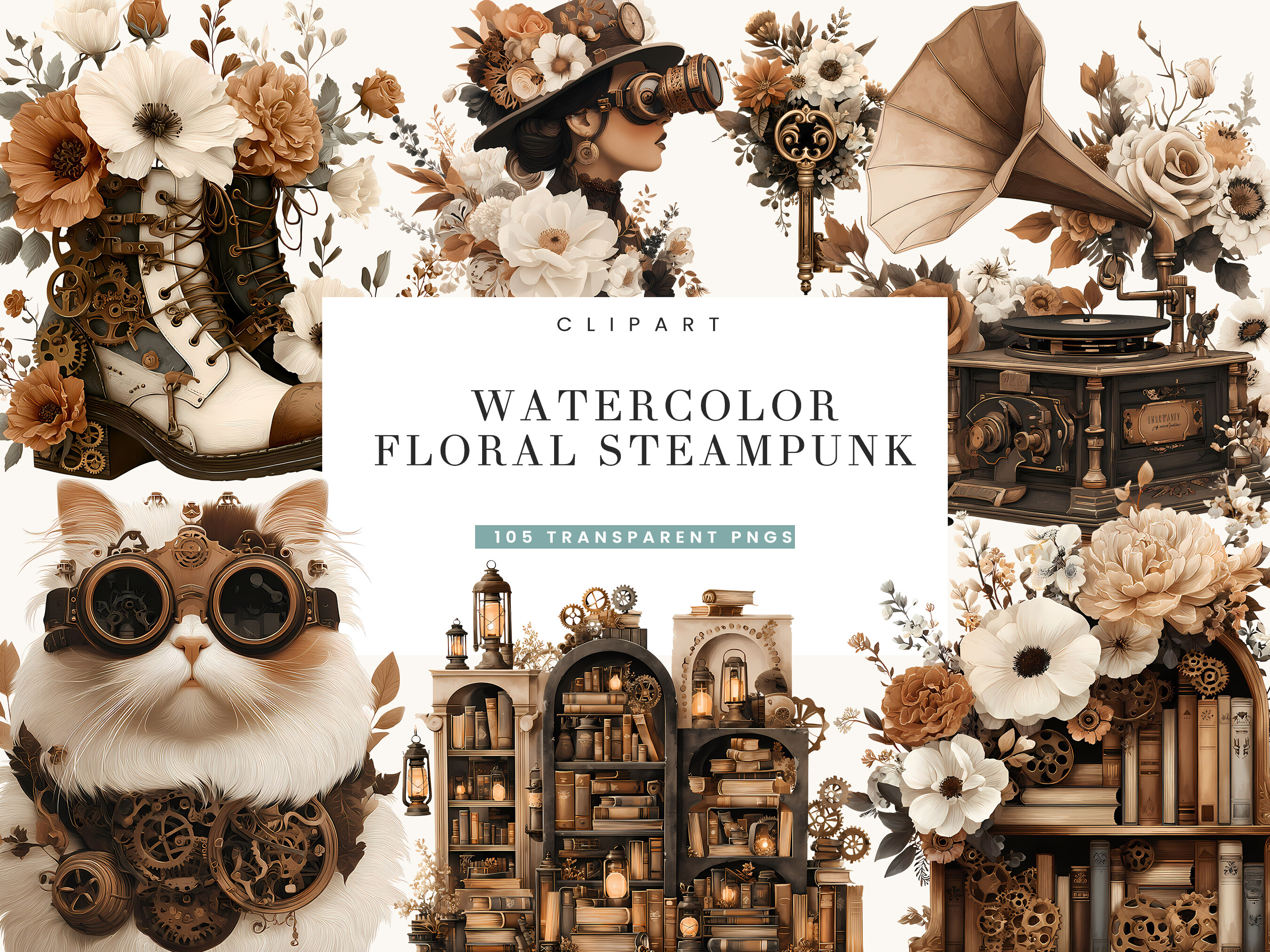 Watercolor Floral Steampunk Clipart Graphic by busydaydesign · Creative ...