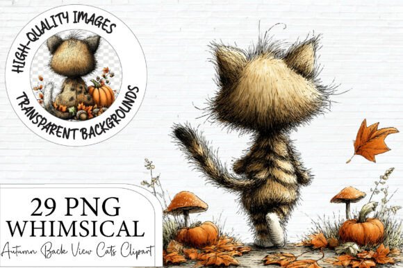 Whimsical Autumn Back View Cats Clipart Graphic Illustrations By Artoya