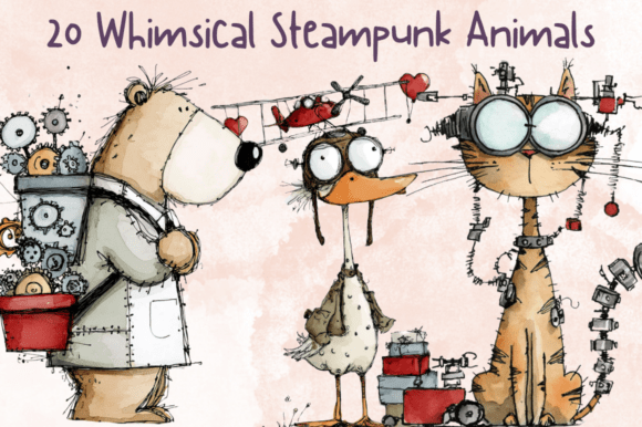 Whimsical Steampunk Animals Clipart Set