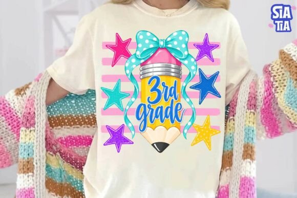 3rd Grade Pencil Bow Stars PNG Clipart