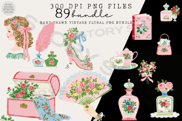 Hand Drawn Vintage Floral PNG Bundle Gráfico PNG transparentes AI Por Story Studio