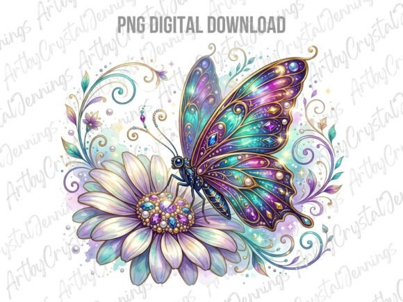 Ornate Jeweled Butterfly & Flower PNG Graphic Illustrations By ArtbyCrystalJennings