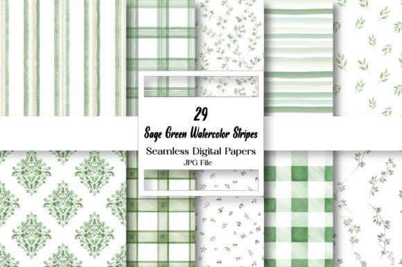 Sage Green Watercolor Stripes Digital Graphic Patterns By Vintage