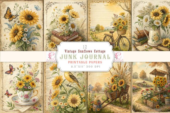 Vintage Sunflower Cottage Junk Journal Grafika Tła Przez Craftfiles-SVG