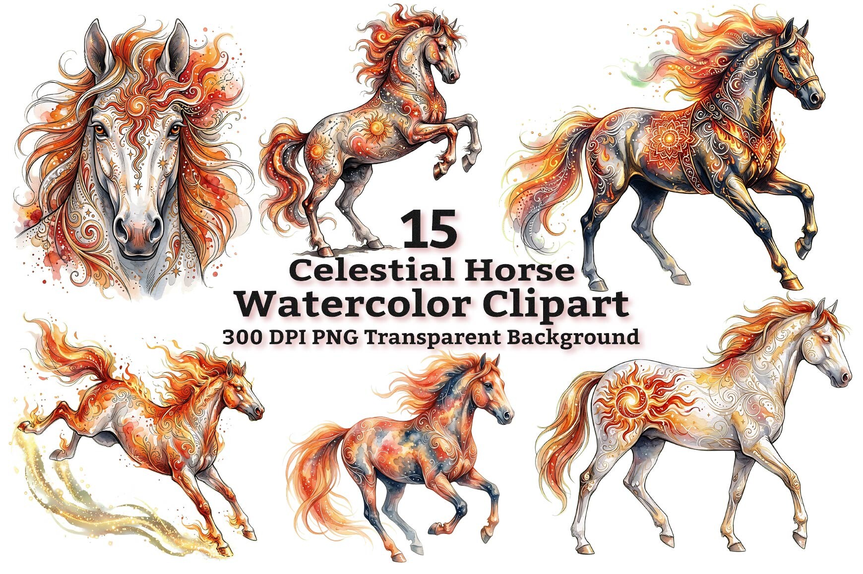 Celestial Fire Horse Watercolor Clipart Graphic by TeesDesign ...