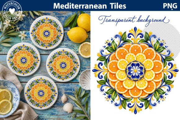 Mediterranean Citrus Tile Art Graphic AI Illustrations By WatercolorColorDream