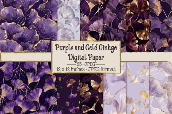 Purple and Gold Ginkgo Digital Paper Graphic AI Patterns By Dream Print