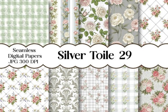 Silver Toile Digital Paper Pack, Vintage Graphic Patterns By Designstock
