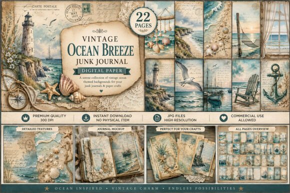 Preview of Vintage Ocean Breeze Junk Journal Kit