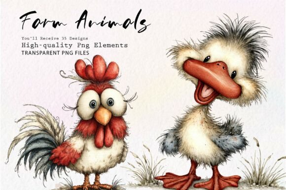 Whimsical Quirky Farm Animals PNG Graphic Illustrations By Dreamshop