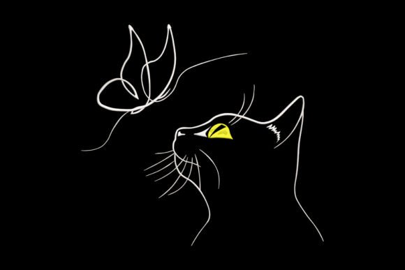 Cat with Butterfly Line Art