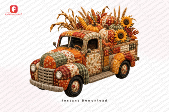 Patchwork Autumn Fall Pumpkin Truck PNG