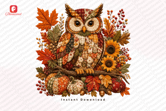 Patchwork Autumn Fall Woodland Owl Png Graphics