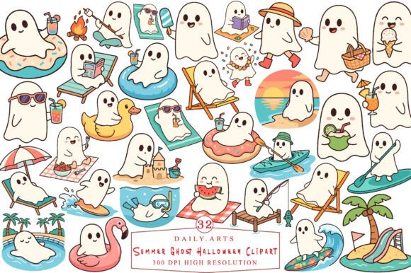 Summer Ghost Halloween Clipart Bundle Graphic Illustrations By daily.arts