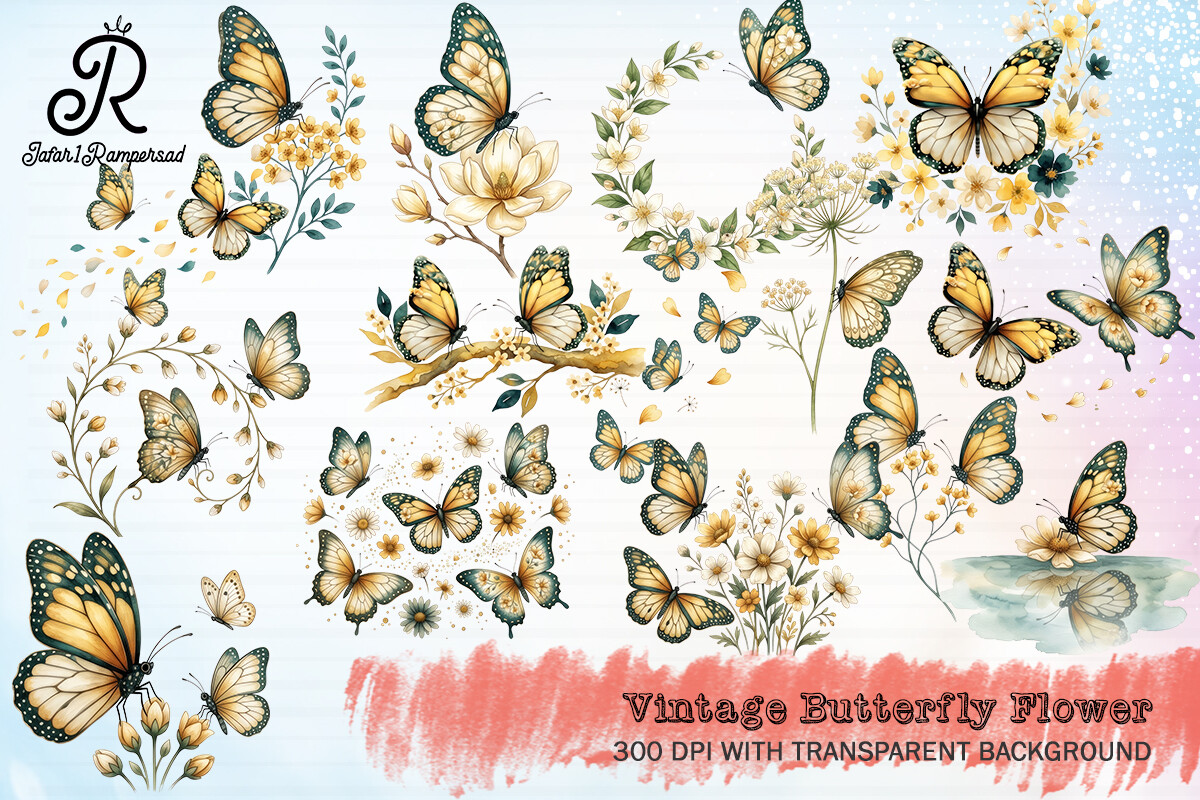 Vintage Butterfly Flower Clipart Graphic by Jafar1Rampersad · Creative ...