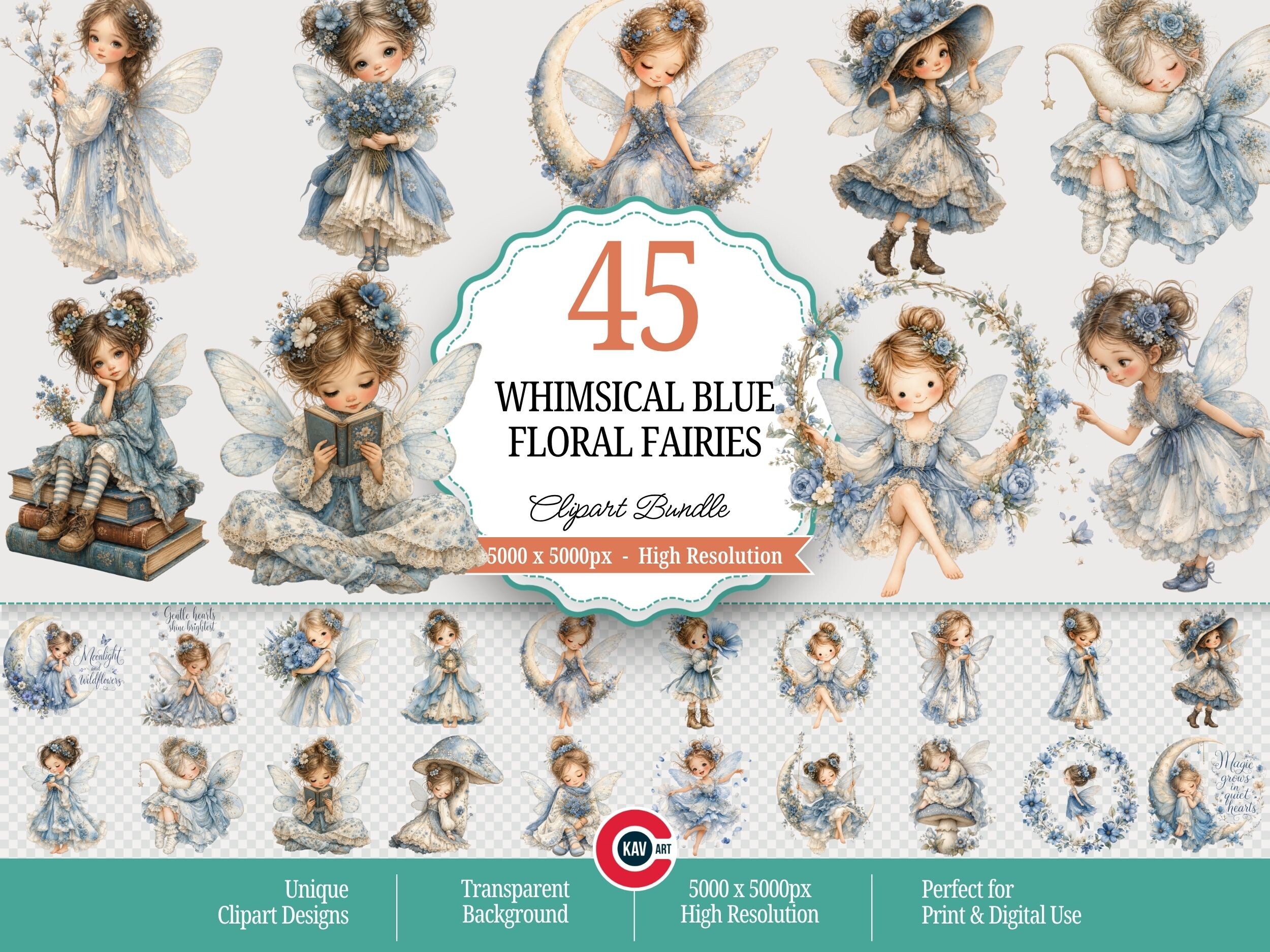 Whimsical Blue Floral Fairies Clipart Graphic by c.kav.art · Creative ...