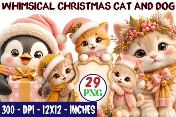 Whimsical Christmas cat and dog clipart for matching pet sibling holiday tee sets