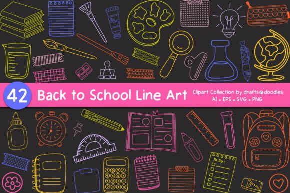 Back to School Line Art Doodles Clipart