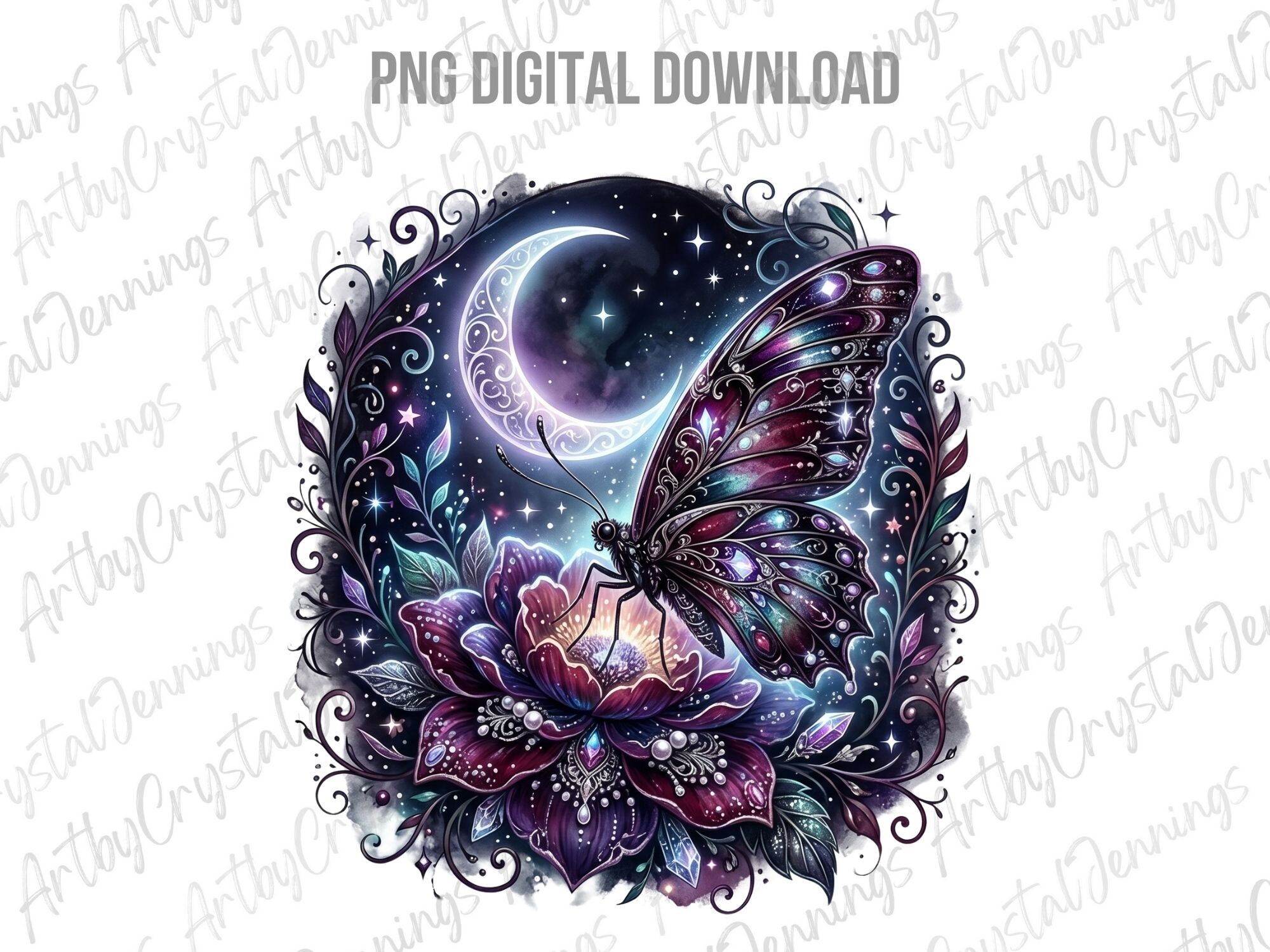 Celestial Butterfly Flower Moon PNG
