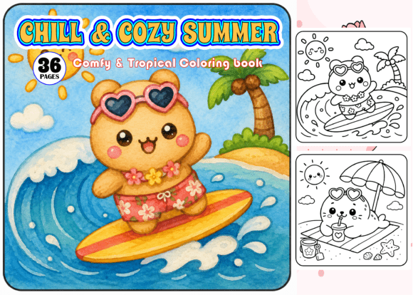 Preview of Chill & Cozy Summer Comfy & Tropical coloring pages for kids