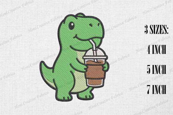 Cute T-rex Loves Iced Coffee Animals Embroidery Design By Honi.designs