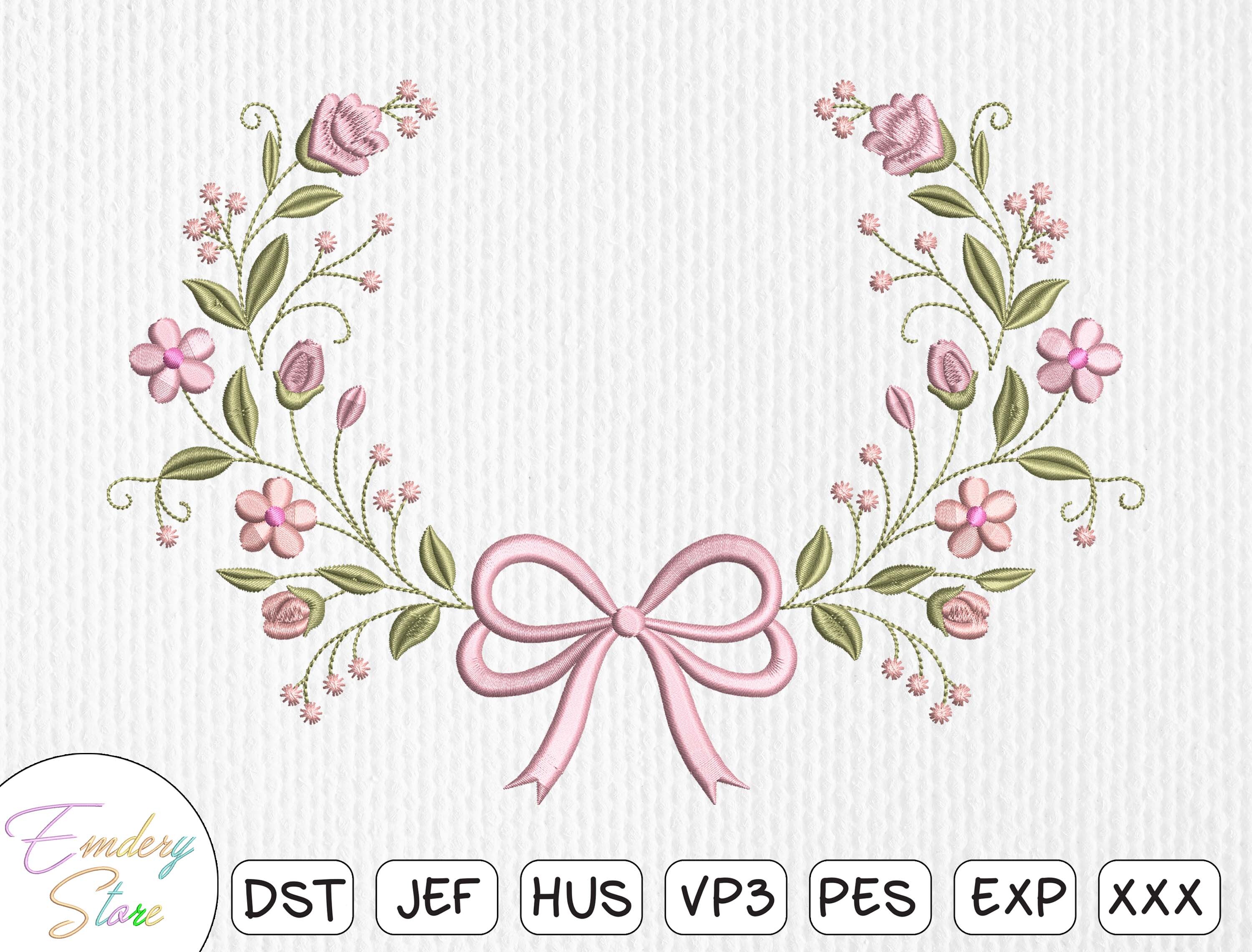 Floral Wreath Bow Embroidery Design