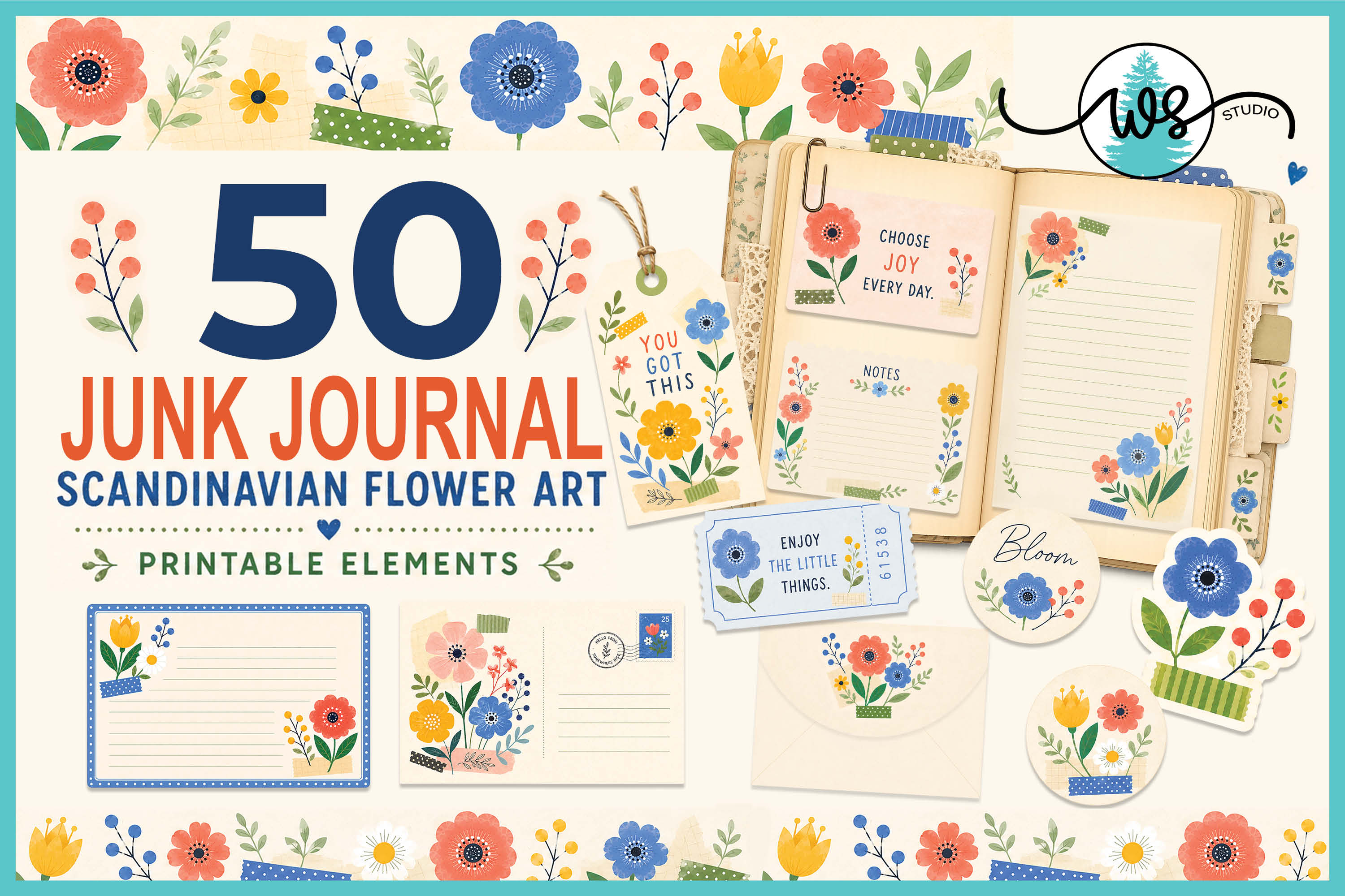 Junk Journal Scandinavian Flower Art Graphic by White Spruce Studio ...