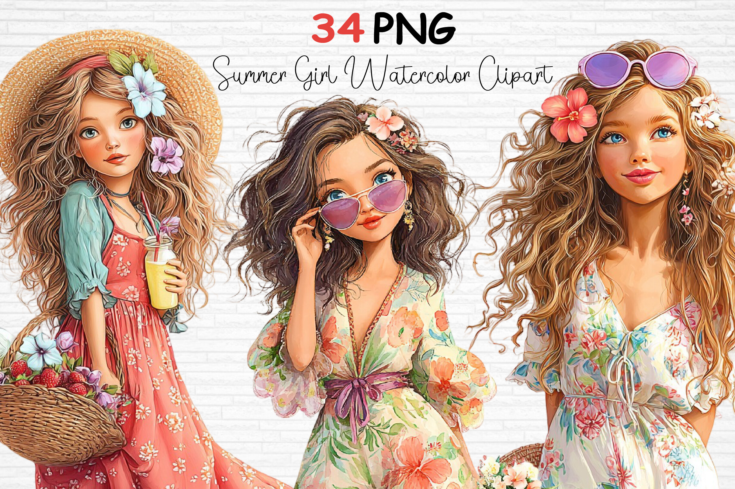 Summer Girl Watercolor Clipart PNG Graphic by Black Cat · Creative Fabrica