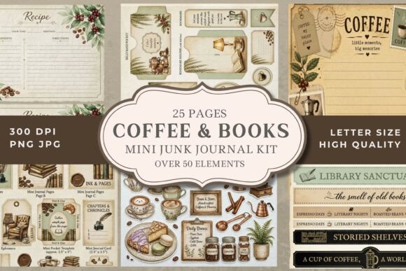Vintage Coffee & Books Junk Journal Kit