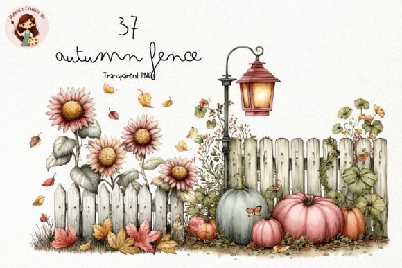 Watercolor Autumn Fence PNG Clipart