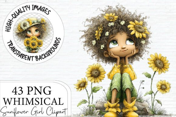 Whimsical Sunflower Girl Clipart Grafika Ilustracje do Druku Przez Artoya