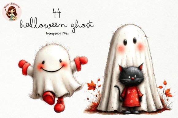 Cute Halloween Ghost PNG Clipart to pair with cat silhouette SVG designs