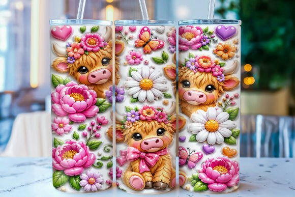 Inflated Floral Highland Cow Tumbler PNG