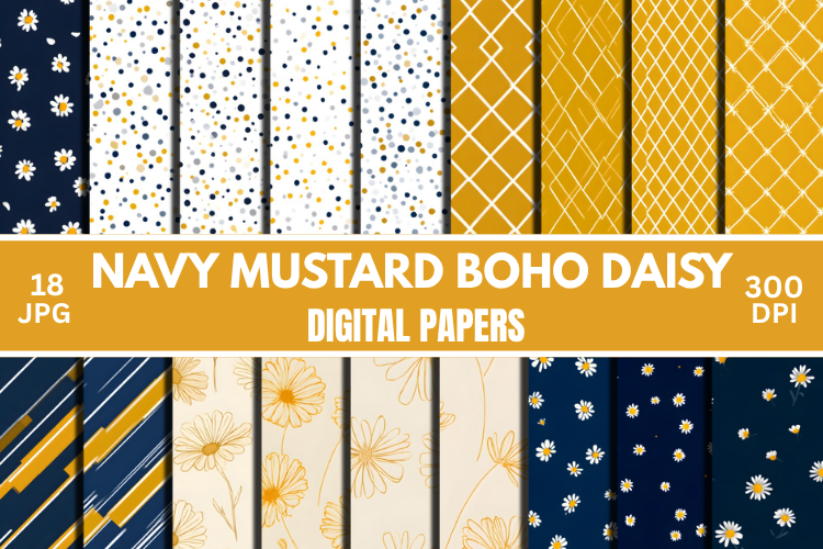 Navy Mustard Daisy Digital Paper