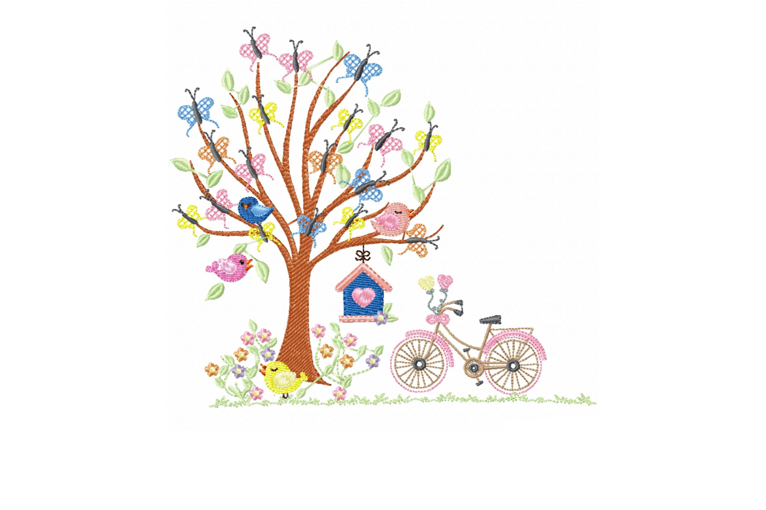 Spring Tree Birds & Bicycle Embroidery