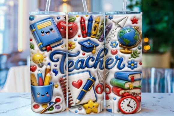 3D Inflated Teacher Tumbler Wrap PNG