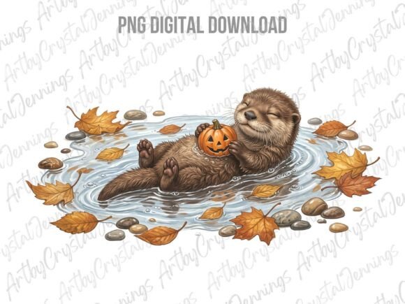 Fall Otter with Autumn Pumpkin PNG