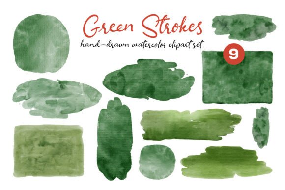Green Strokes Watercolor Hand-drawn Set Gráfico Ilustraciones Imprimibles Por Kaleriia Studio