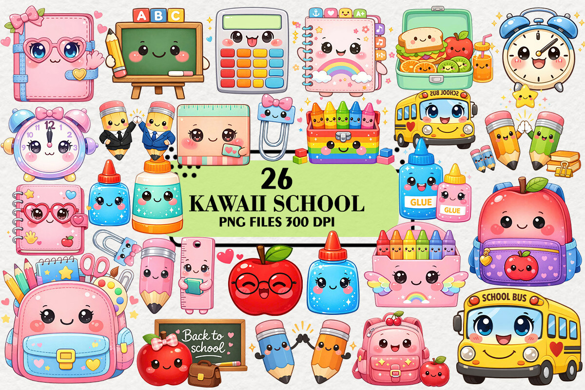 Kawaii Happy to School Clipart Bundle Graphic by Artistic Garden ...