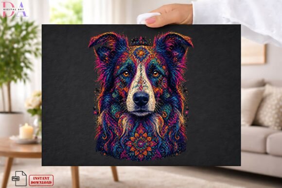 psychedelic border collie mandala PNG sublimation tumbler wrap design